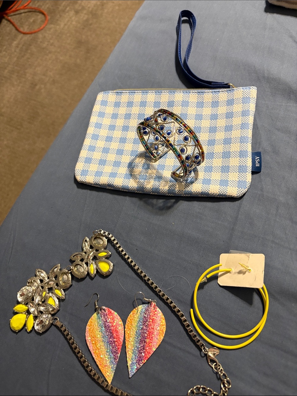 Ipsy Blue Check Wristlet Pouch with Multicolor Bracelet necklace and earrings,